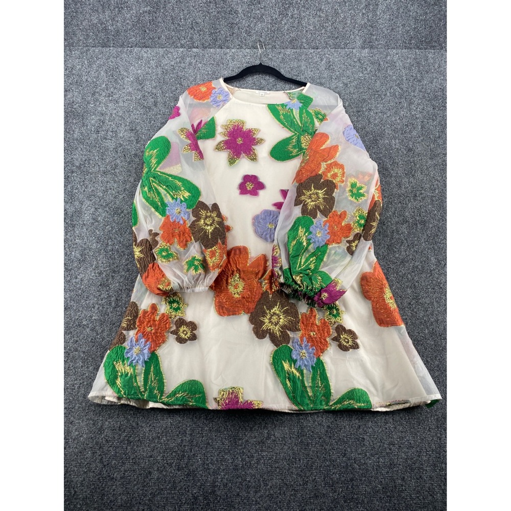 En Creme Floral Embroidered Mini Dress Womens Medium Cream Gold Metallic Boho LS